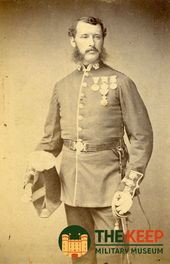 image shows sepia photograph of captain jobberns in victorian military uniform holding helmet and sword, for thomas hardy victorian fair event image banner